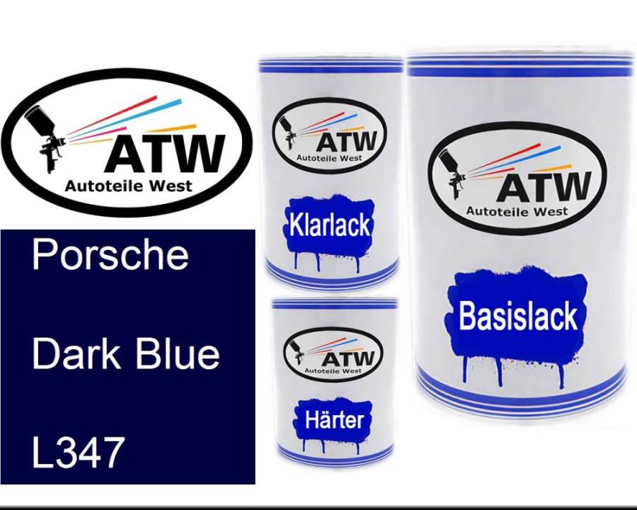 Porsche, Dark Blue, L347: 500ml Lackdose + 500ml Klarlack + 250ml Härter - Set, von ATW Autoteile West.